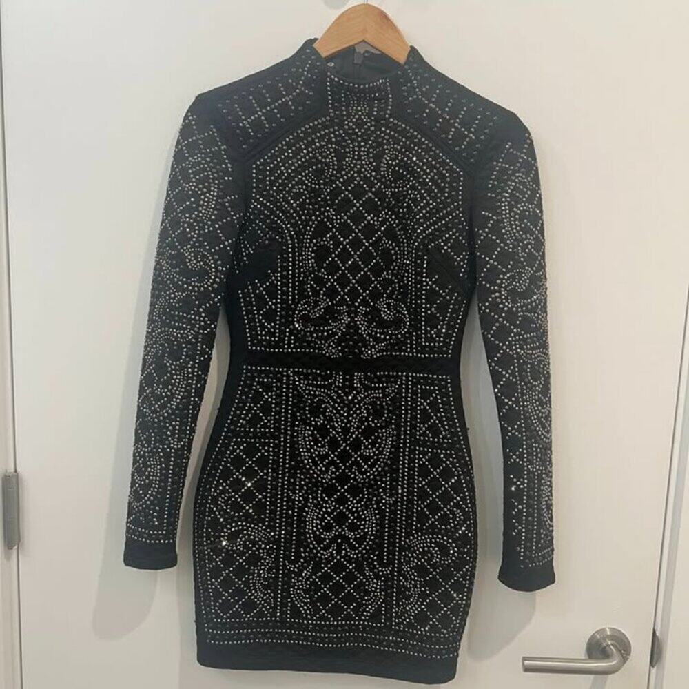 Bebe Black Studded Embellished Bodycon Mini Dress Size XS Club Going Out - Picture 3 of 9